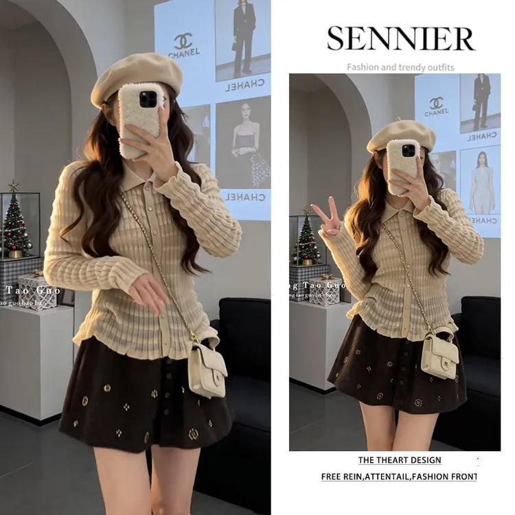 秋季温柔穿搭女2025新款韩版时尚洋气翻领针织衫气质短裙两件套装