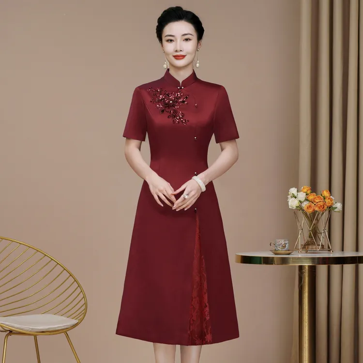 夏季新款高端时尚喜婆婆旗袍妈妈装婚宴中国风礼服旗袍气质连衣裙