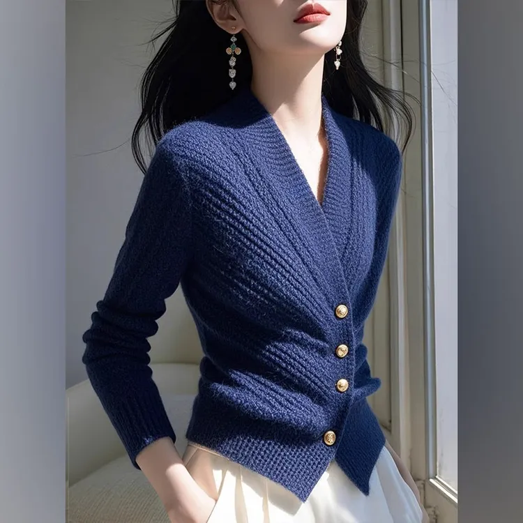 慵懒高级感超好看蓝色毛衣秋冬新款漂亮气质收腰内搭V领针织开衫