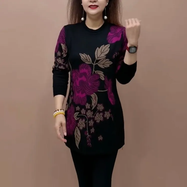秋季时尚减龄潮流圆领中长款针织打底裙新款妈妈遮肉宽松洋气毛衣