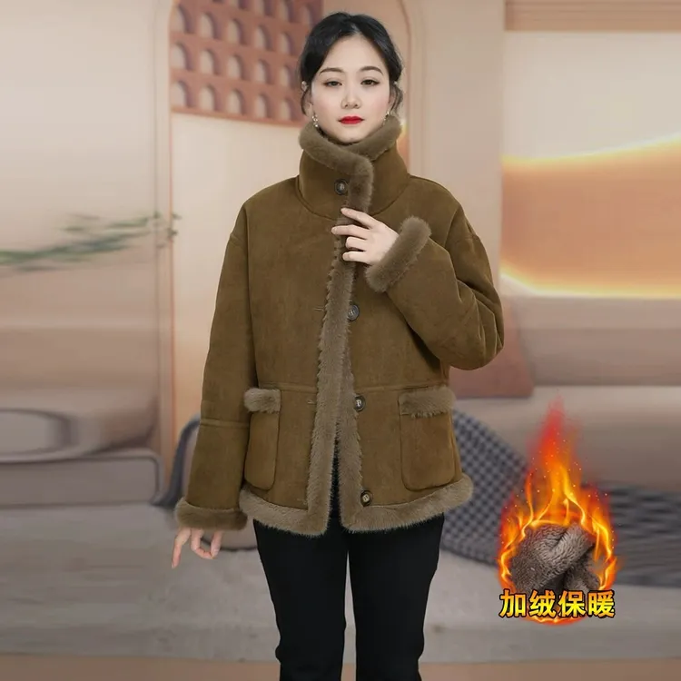 时尚立领皮毛一体羊羔毛短外套女冬季新款加绒加厚防寒双面穿上衣