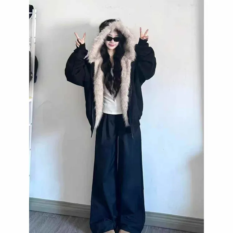 座山雕毛茸茸毛领棉服外套女加绒加厚夹克美式冬季棉衣