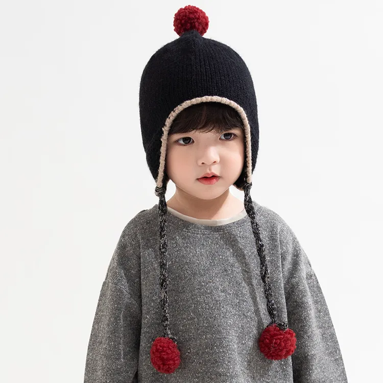 ins韩风复古儿童针织护耳帽个性洋气球球男女童秋冬保暖毛线帽子