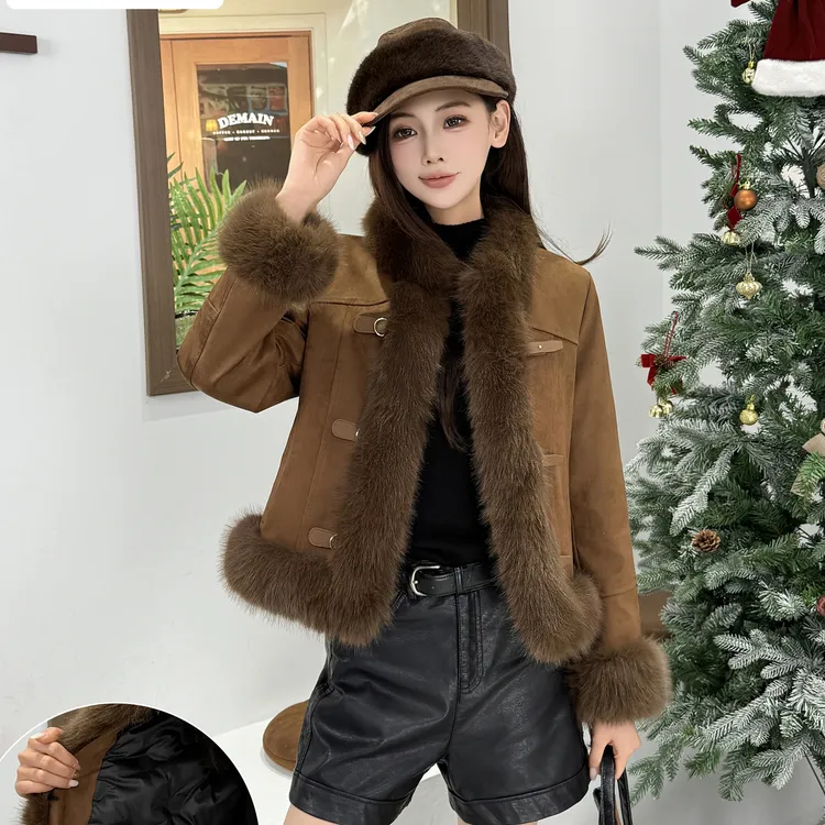 仿兔毛毛领派克服女冬季2025新款短款牛皮绒皮草外套显瘦保暖棉服