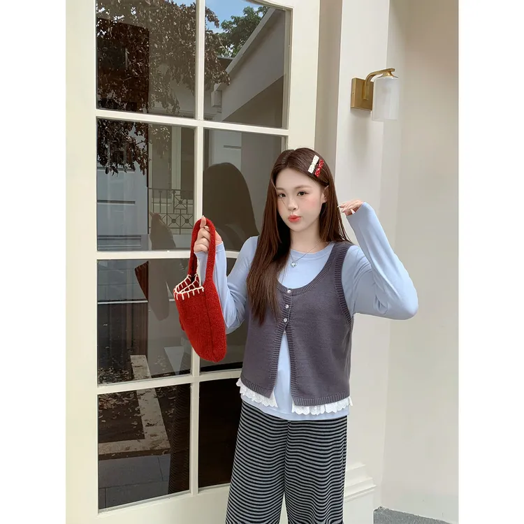 大婉酱千千微胖定制韩系真两件花边马甲背心基础百搭T恤套装1181X