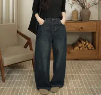 九月JIUYUE加绒加厚牛仔香蕉裤复古半松紧腰阔腿弯刀长裤女86102