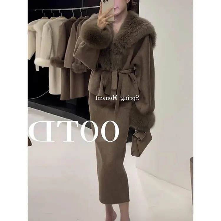 波家断码韩系时尚显瘦高级感纯欲风套装女秋冬季毛毛外套高腰半身