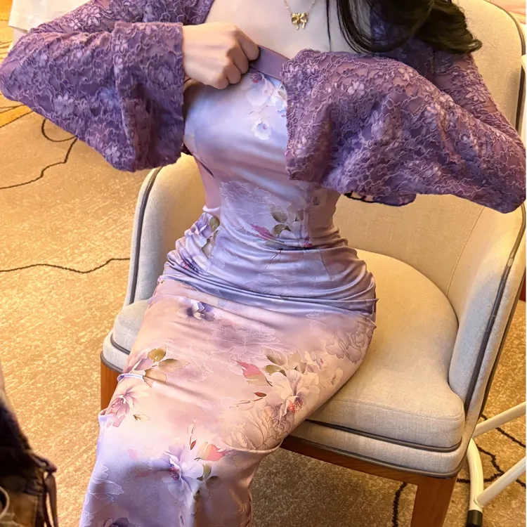 LHMknk1画报夫人原创自制新中式缎面提花翻领吊带连衣裙 紫啧  