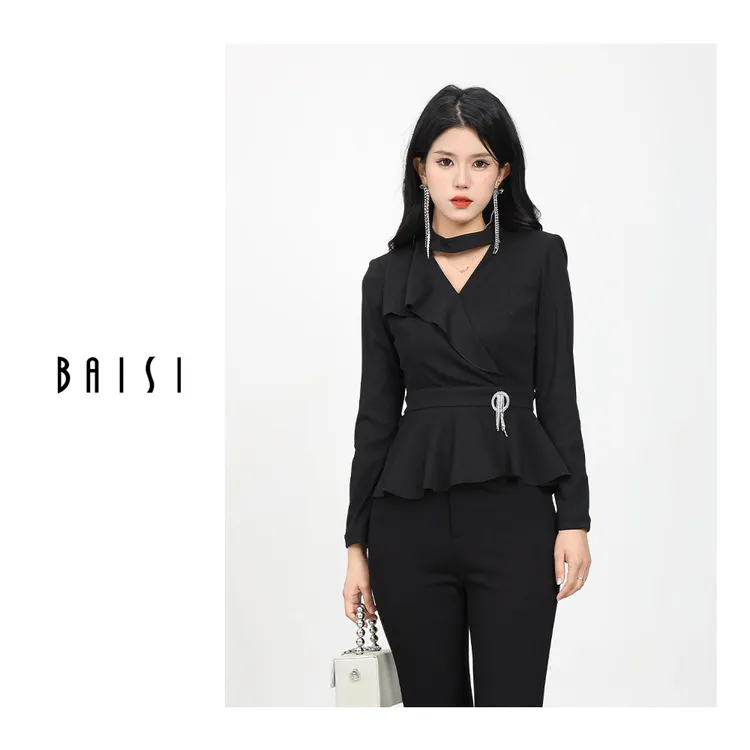 BAISI/百丝薄款常规款黑色V领女士不规则显瘦收腰长袖春季上衣