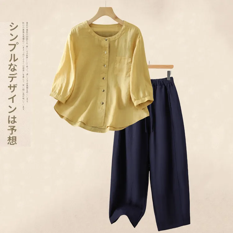 大码春秋中年妈妈亚麻套装女时尚棉麻七分袖衬衫苎麻休闲裤两件套