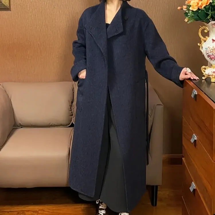 2025秋冬新款绵羊毛骆驼绒女士大衣丈蓝色时尚气质修身百搭保暖