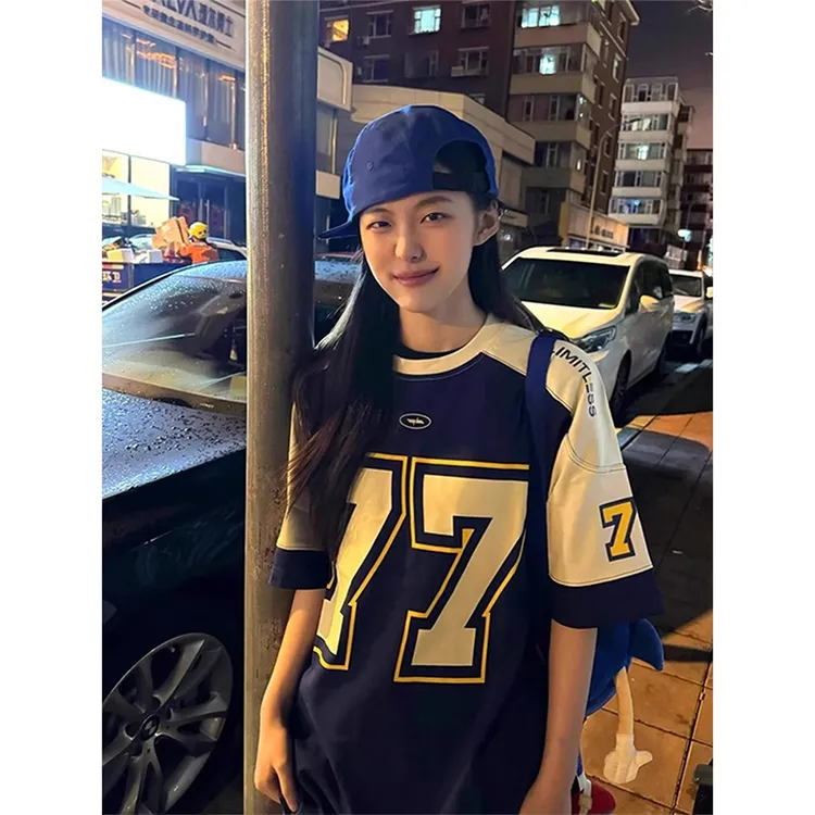 美式复古高街机车t恤拼接篮球运动球衣短袖男款夏季vintage冰球服