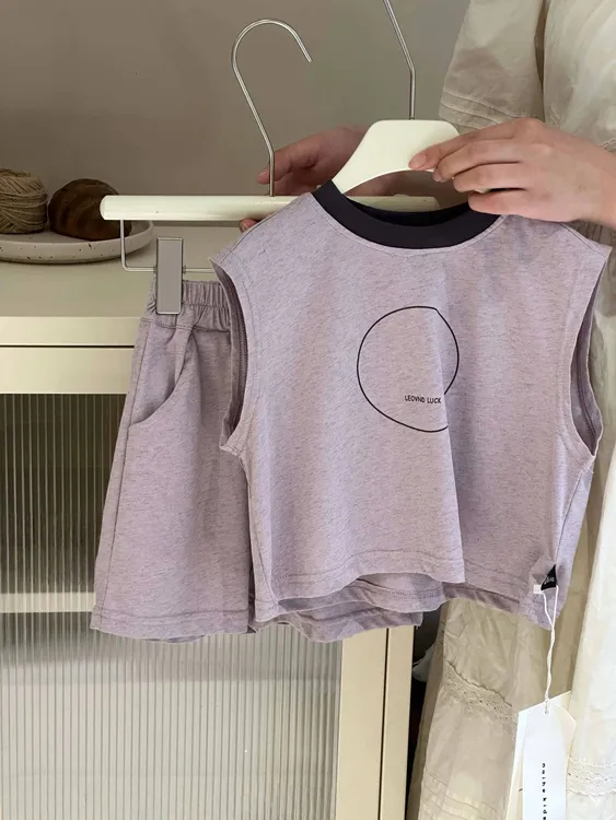 儿童紫色印花上衣短裤韩系休闲套装