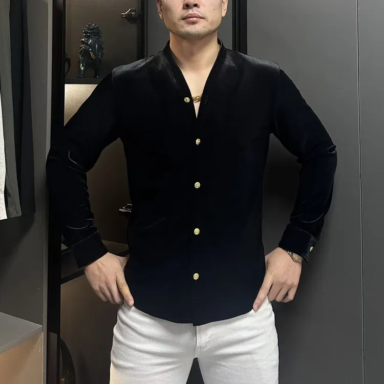 秋冬新款男士修身丝绒无领v领老钱风轻奢休闲长袖衬衫开衫高品质