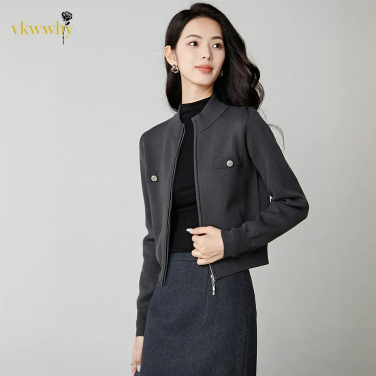 秋季新款时尚小个子气质时尚针织开衫外套上衣立领女装拉链针织衫