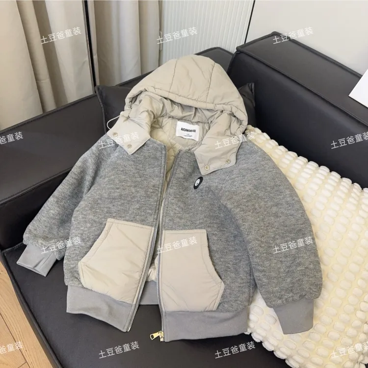 童装男童连帽棉服冬款童休闲拼色韩版中大童外套