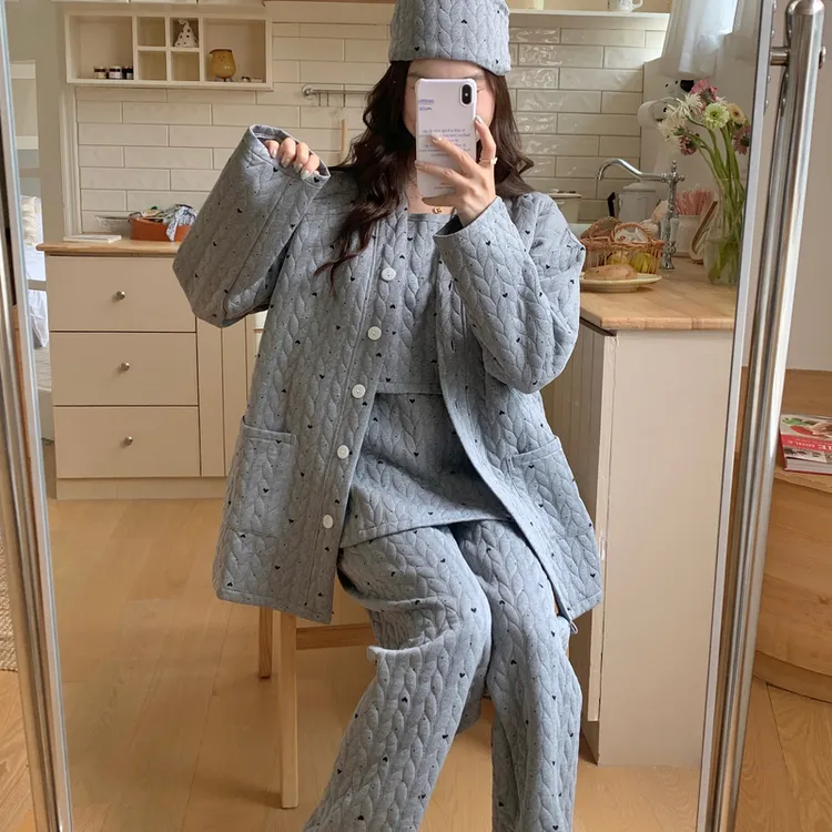 秋冬月子服加大码空气棉带胸垫孕妇睡衣喂奶产妇哺乳家居服三件套