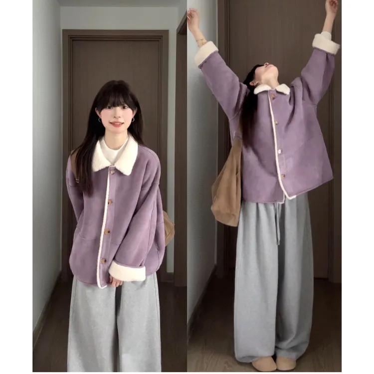 MARIE.COCO韩系紫色慵懒风温柔小个子皮毛一体厚外套秋冬通勤搭穿