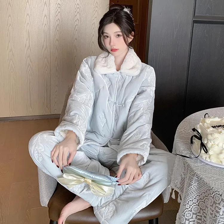 国风睡衣女款冬季2025新款三层夹棉珊瑚绒加绒加厚丽丝绒家居服