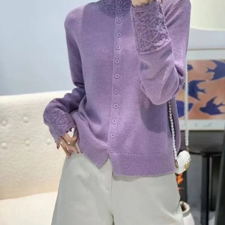 星河织梦~半高领亮似立体镂空钩花花边针织开衫加厚款