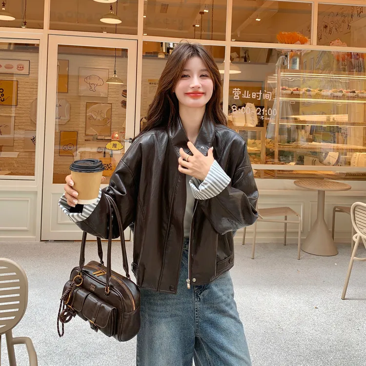 咖色设计感袖口条纹拼接皮衣外套女2025秋季小个子休闲百搭短上衣