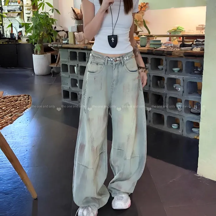早秋热款嘻哈风美式复古脏染弯刀牛仔裤女高腰宽松做旧阔腿长裤潮