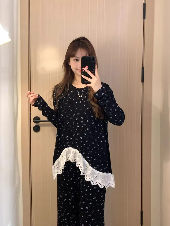 韩国风甜美高级感秋冬清新松弛感开衫碎花睡衣女2025春秋家居套装