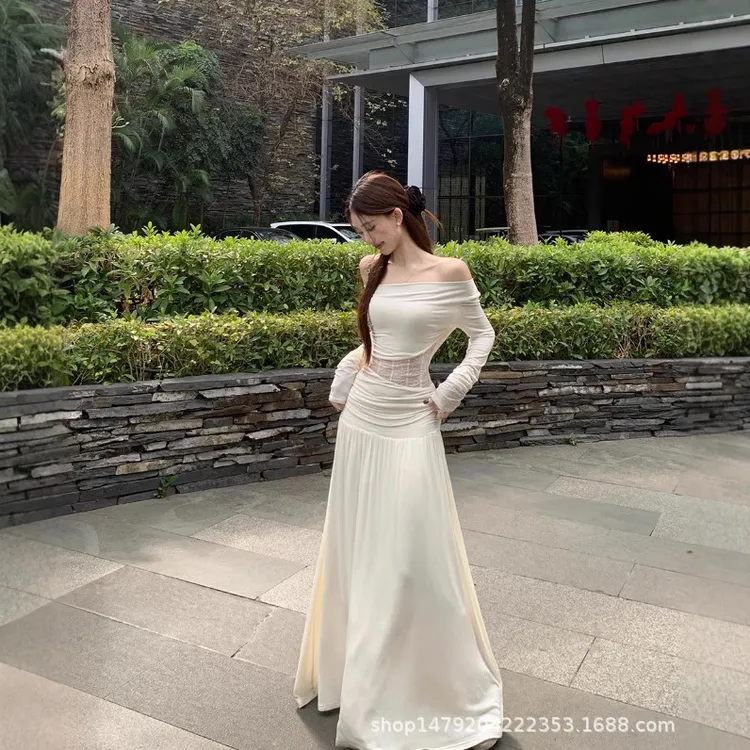 蕾丝拼接露肩长袖T恤白色显瘦半身长裙女2025春季新款时尚套装潮