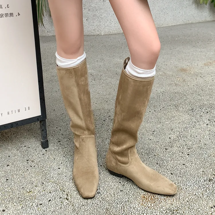 牛皮版~复古不过膝绒面长靴女冬季新款显腿长绒面低跟高筒西部靴