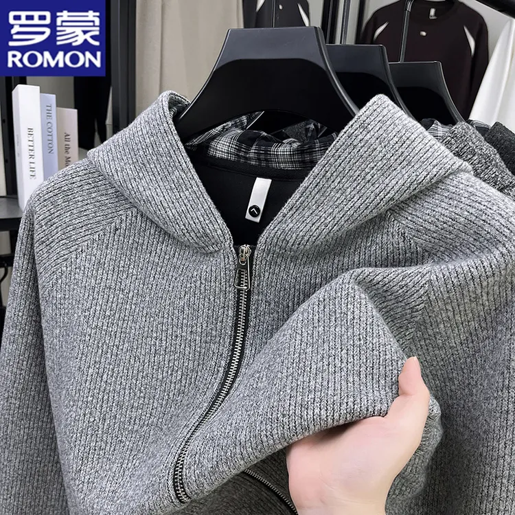 罗蒙秋季男士连帽高档宽松拉链针织开衫新款保暖舒适青年外套男