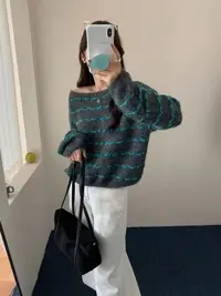 【zonefive】新款针织条纹撞色毛衫女软糯圆领套头慵懒风毛衣2025