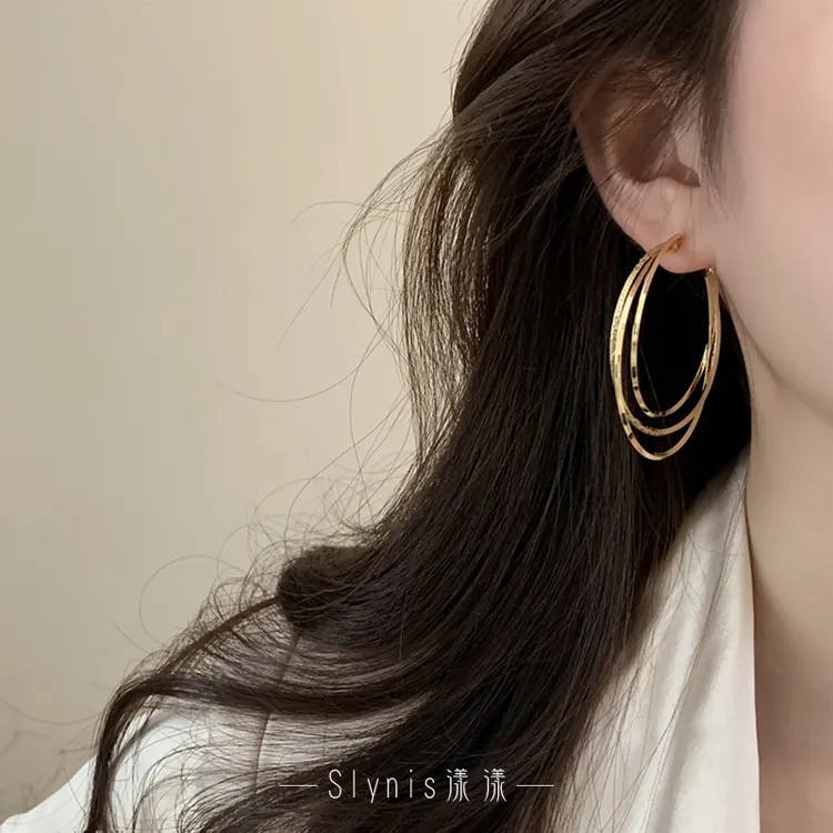 铜合金耳饰 三圈气质耳环大耳圈设计轻奢秋冬高级感耳环金属风#2
