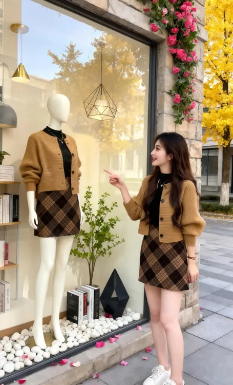 美拉德穿搭一整套女2025新款设计感咖色针织开衫格纹半身裙两件套