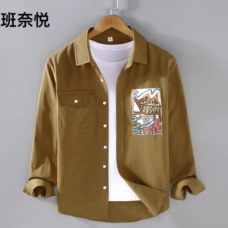 春季新款男装潮流休闲翻领口袋衬衫韩版百搭宽松印花黑白长袖衬衫