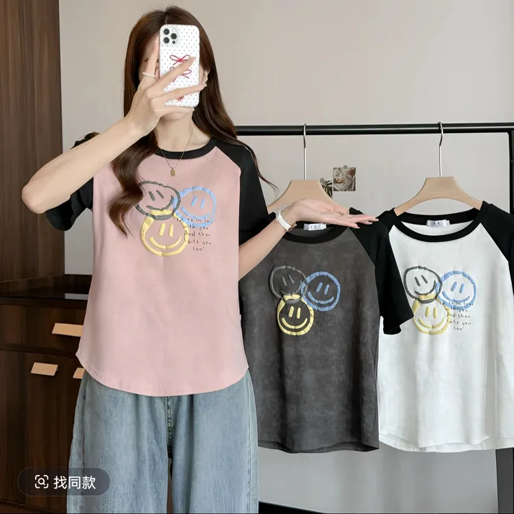 大码女装2025夏季新款时尚拼接印花笑脸短袖T恤上衣