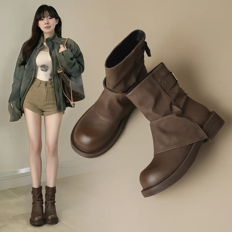ZHR西部骑士靴堆堆短靴女2025新款秋季美拉德裤管靴子厚底马丁靴