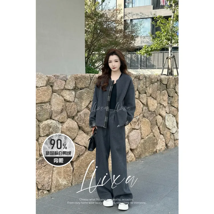 Liixu秋冬毛呢套装女90绒羽绒内胆外套阔腿裤两件套L48TZ037