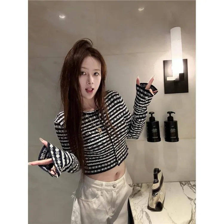 黑白条纹撞色长袖针织开衫韩女气质高级感小香短款圆领上衣小外套