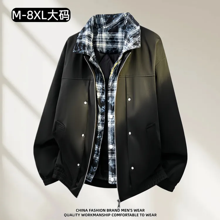 大码免烫加厚款百搭宽松夹克翻领外套棉服男士复古港风拼接休闲
