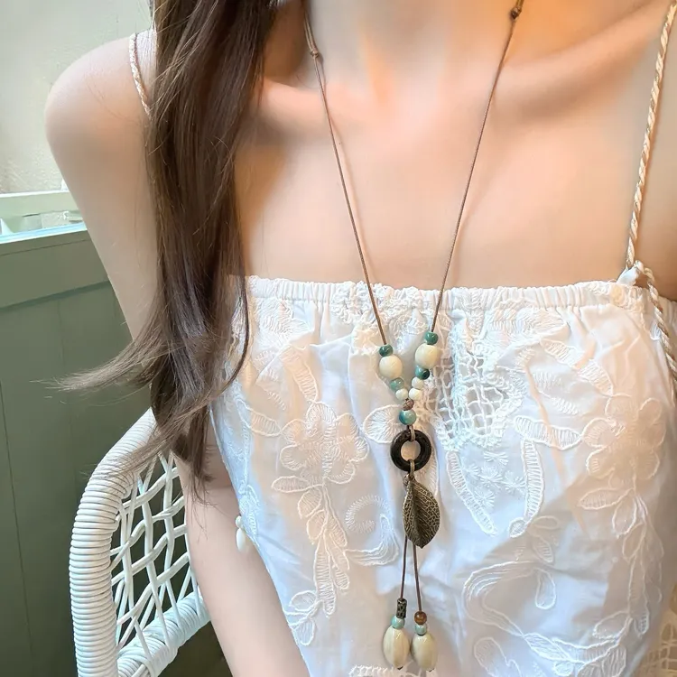 非金属布艺项链 长款陶瓷吊坠项链女中式民族风挂脖配饰毛衣链潮