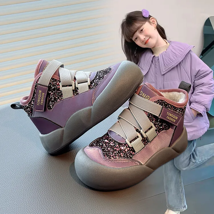 ABC女童鞋公主雪地靴冬季新款儿童加绒亮片鞋子中大童加厚大棉鞋 