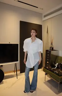 KIOKWANG//经典纯色 垂感宽松廓形翻领长袖垫肩衬衫男女