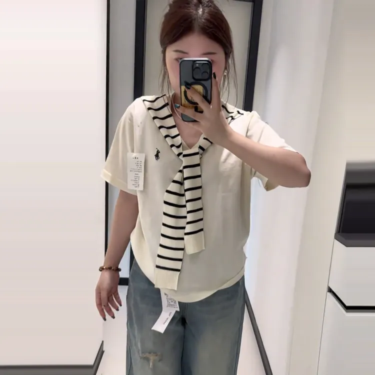 【大码】假两件披肩短袖针织女夏季大码胖mm条纹打底衫上衣821-