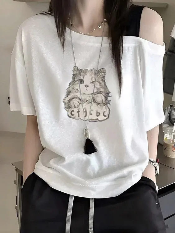 2025新款一字肩露肩白色短袖t恤女夏季设计感小众气质斜肩上衣女