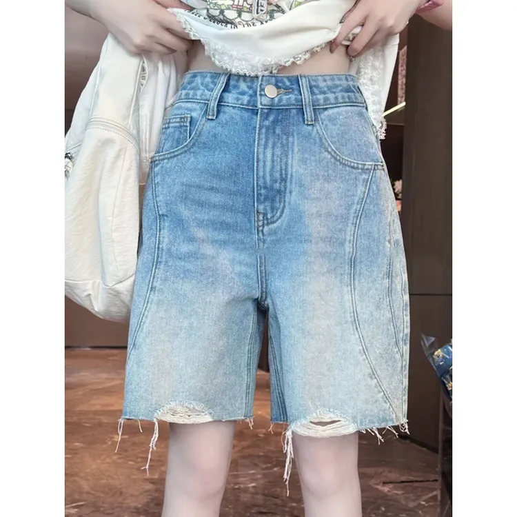 2025年夏季新款韩版复古纽扣设计五分牛仔裤女时尚百搭慵懒感裤子