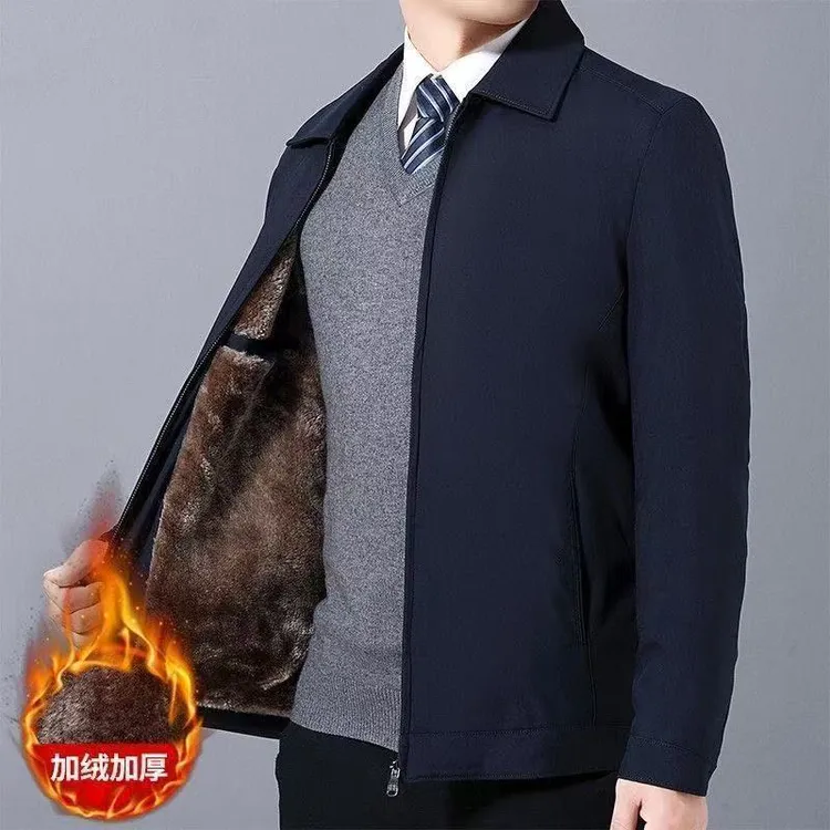 冬季加绒加厚保暖中老年男士保暖夹克秋冬商务冬装翻领休闲