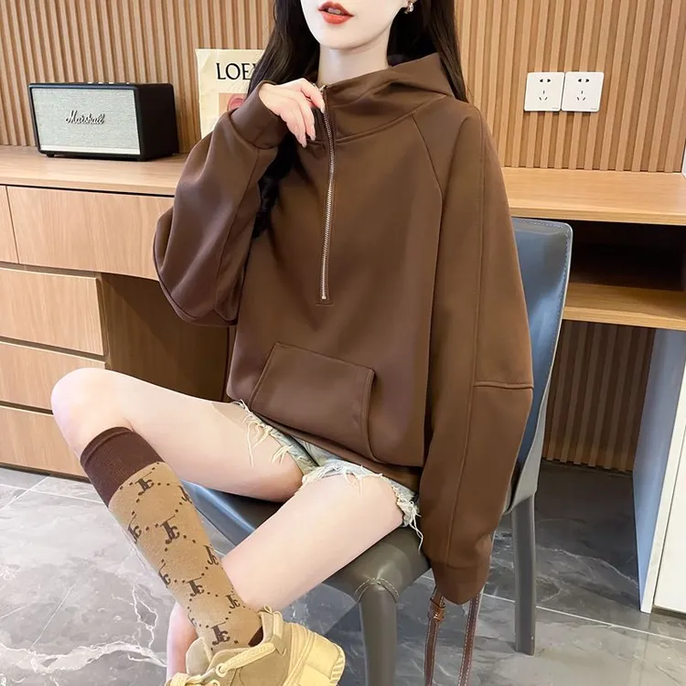 早秋纯色连帽半拉链卫衣女春秋季2025新款宽松小个子设计感上衣服