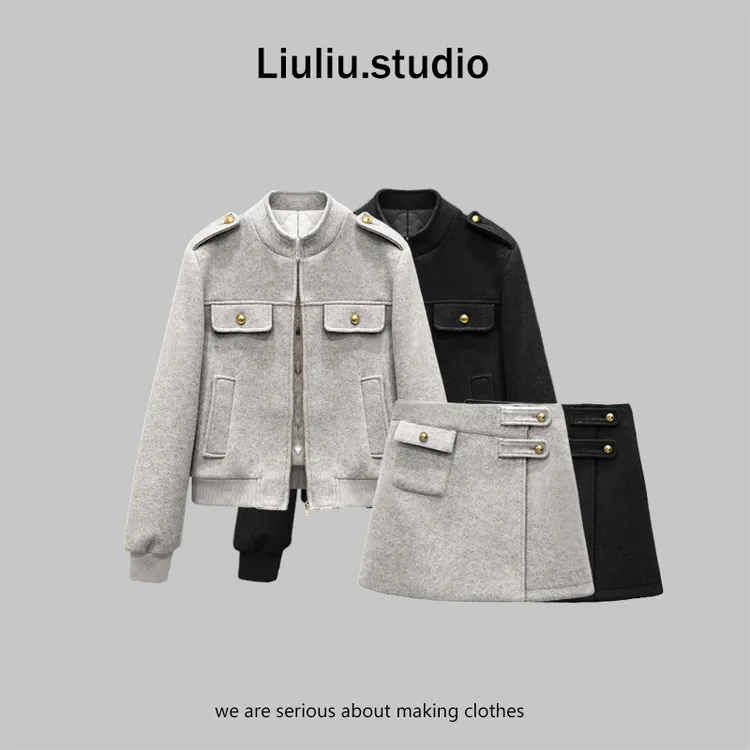 LiuLiu定制【气质英伦】设计师气质轻奢毛呢外套+显瘦半身裙套装