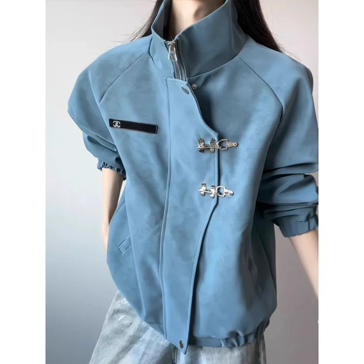 蓝色扎染雾面夹克外套男款秋冬加绒加厚新中式锁扣美式PU皮机车服