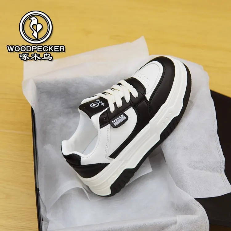 woodpecker/啄木鸟品牌厚底小白鞋爆款百搭皮面小白鞋女ins潮款